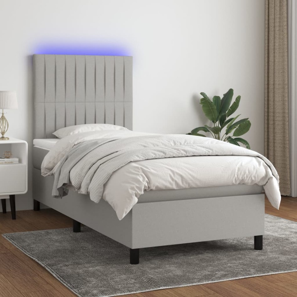 Cama box spring colchón y luces LED tela gris claro 80x200