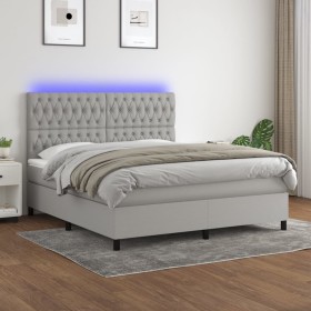 Cama box spring colchón y luces LED tela gris claro 160x200