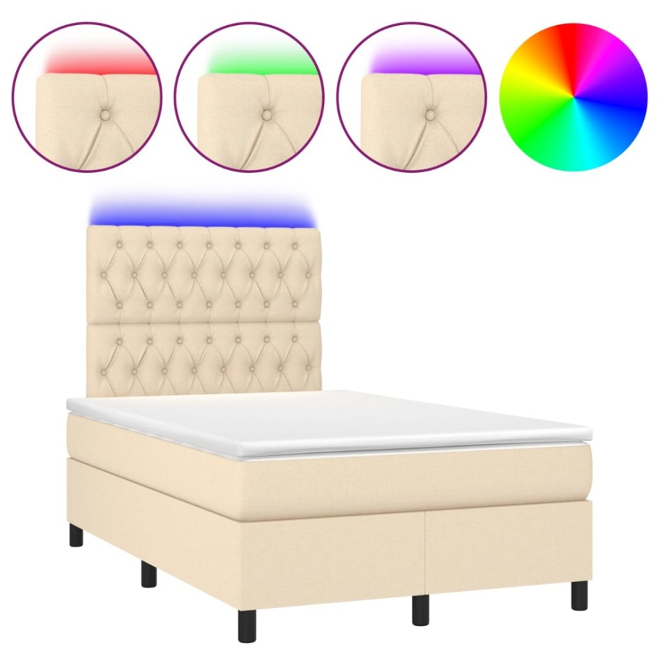 Cama box spring con colchón y LED tela crema 120x200