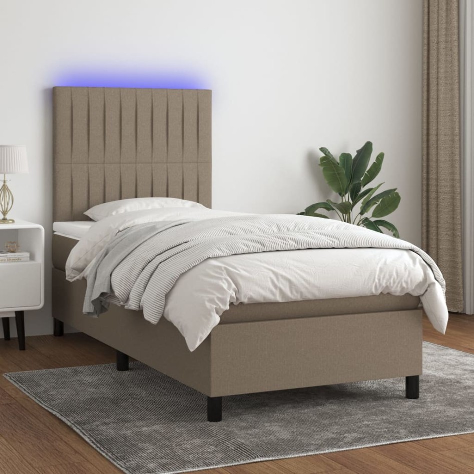 Cama box spring colchón y luces LED tela gris taupe 100x200