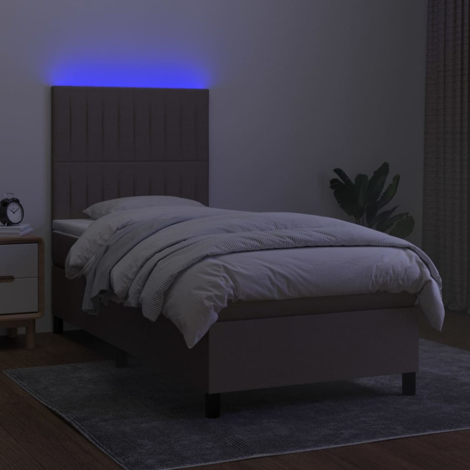 Cama box spring colchón y luces LED tela gris taupe 100x200