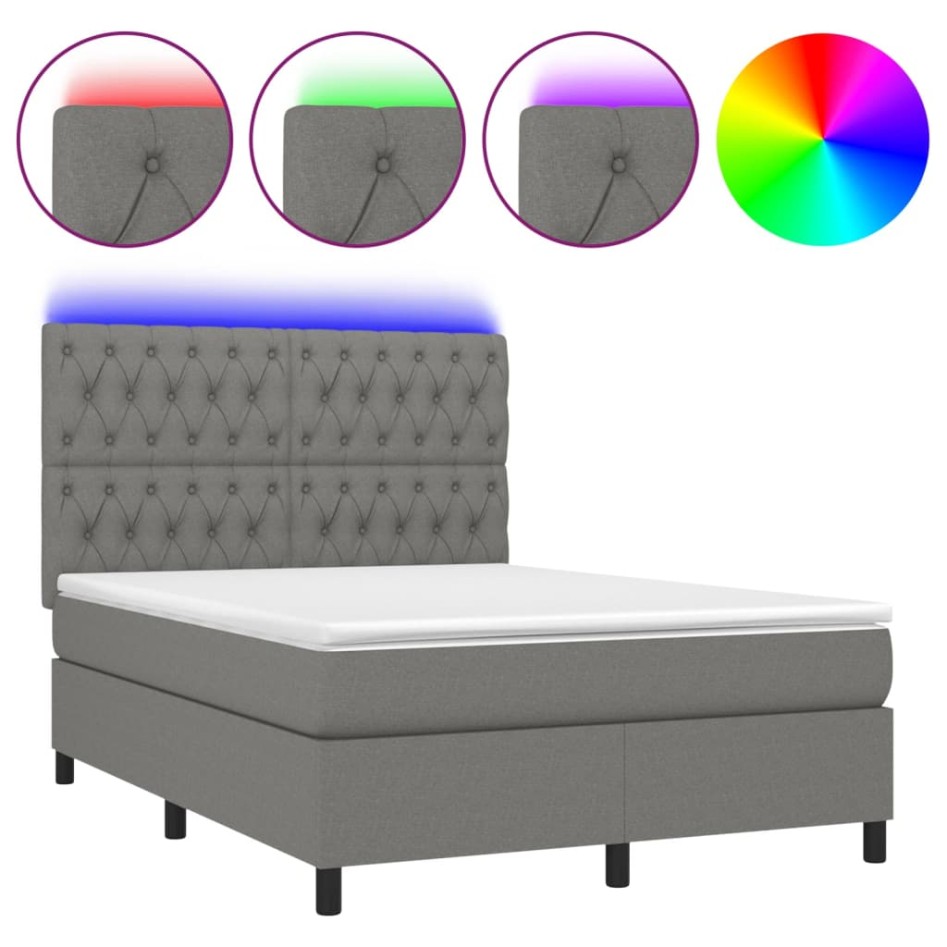 Cama box spring colchón y luces LED tela gris oscuro 140x190