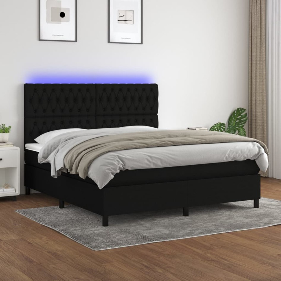 Cama box spring colchón y luces LED tela negro 160x200