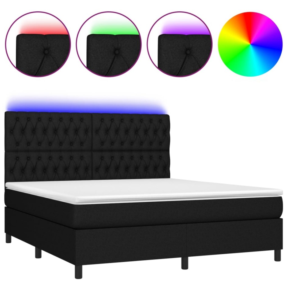 Cama box spring colchón y luces LED tela negro 160x200