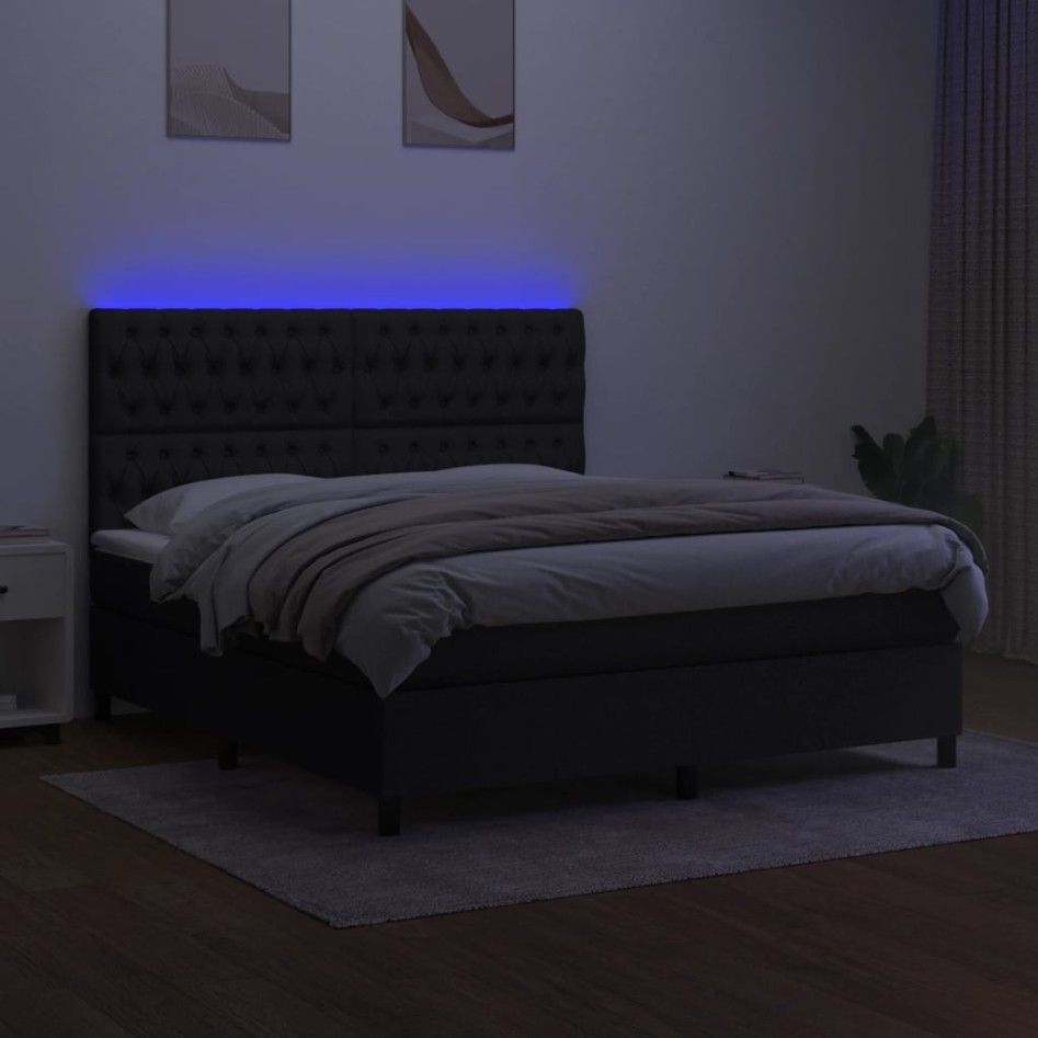 Cama box spring colchón y luces LED tela negro 160x200