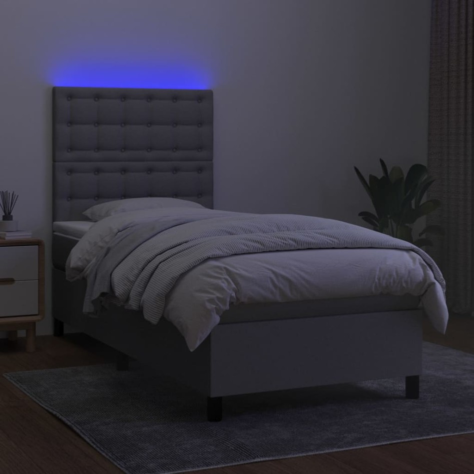 Cama box spring colchón y luces LED tela gris claro 100x200