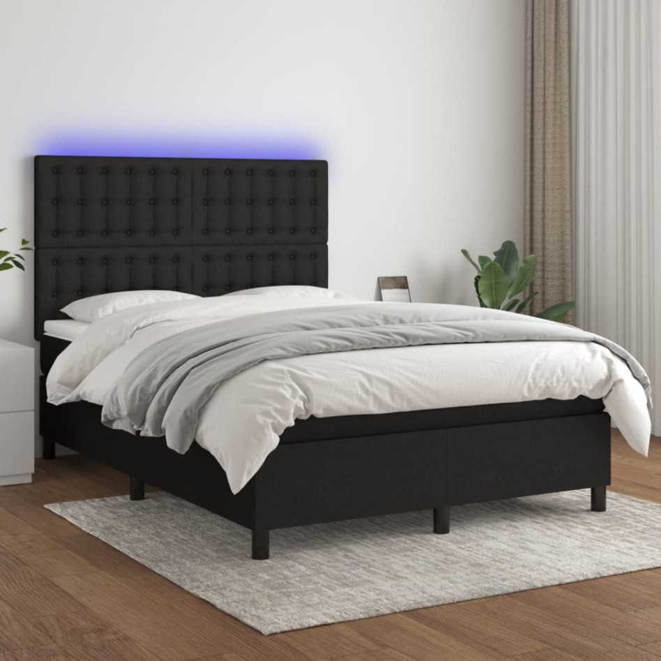 Cama box spring colchón y luces LED tela negro 140x200