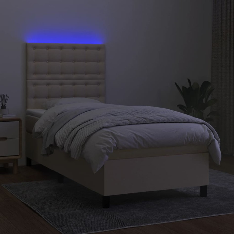 Cama box spring colchón y luces LED tela crema 100x200