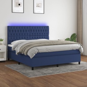 Cama box spring colchón y luces LED tela azul 160x200