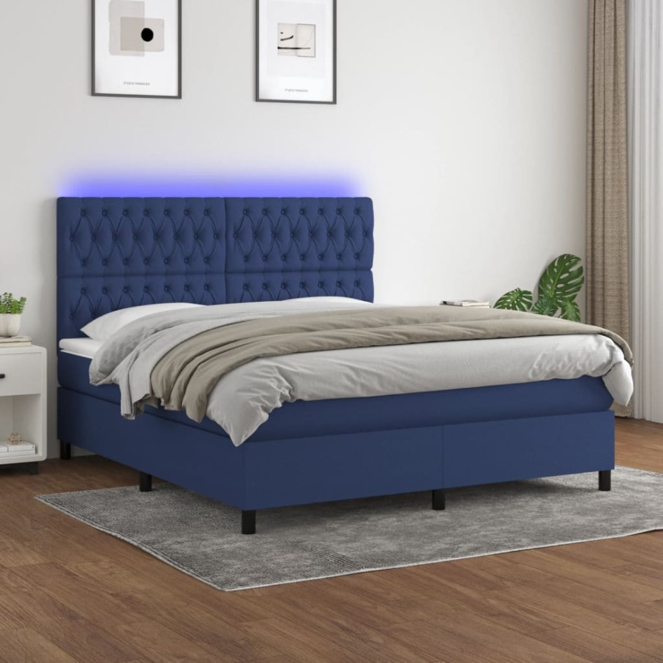 Cama box spring colchón y luces LED tela azul 160x200