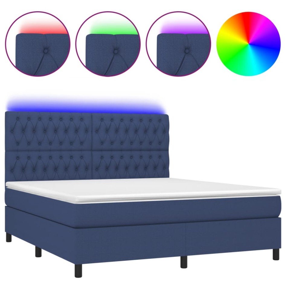Cama box spring colchón y luces LED tela azul 160x200
