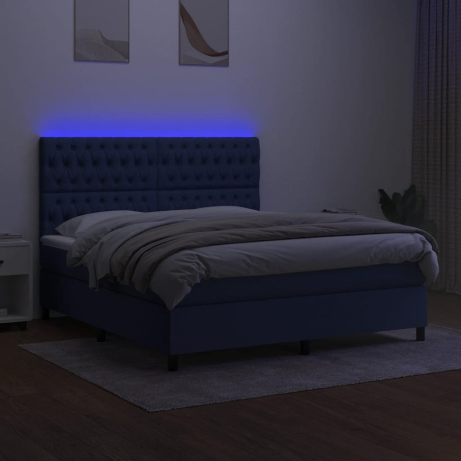Cama box spring colchón y luces LED tela azul 160x200