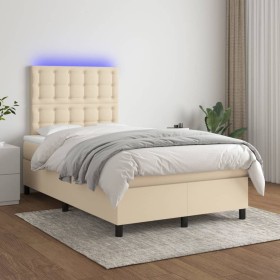 Cama box spring con colchón y LED tela crema 120x200