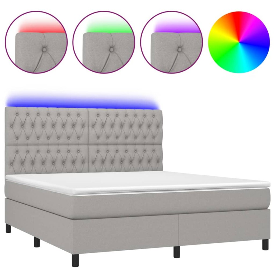 Cama box spring colchón y luces LED tela gris claro 180x200