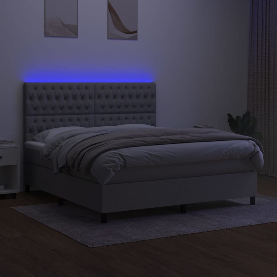 Cama box spring colchón y luces LED tela gris claro 180x200