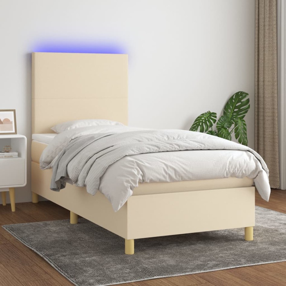 Cama box spring colchón y luces LED tela color crema 90x190