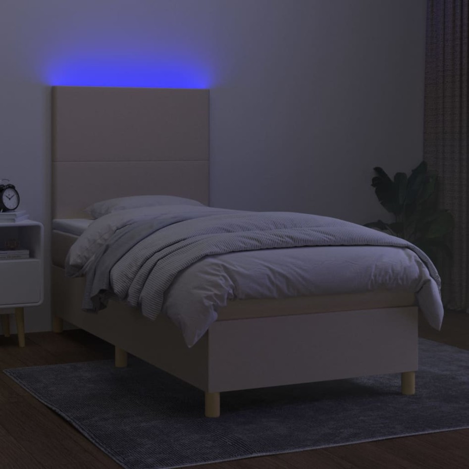 Cama box spring colchón y luces LED tela color crema 90x190