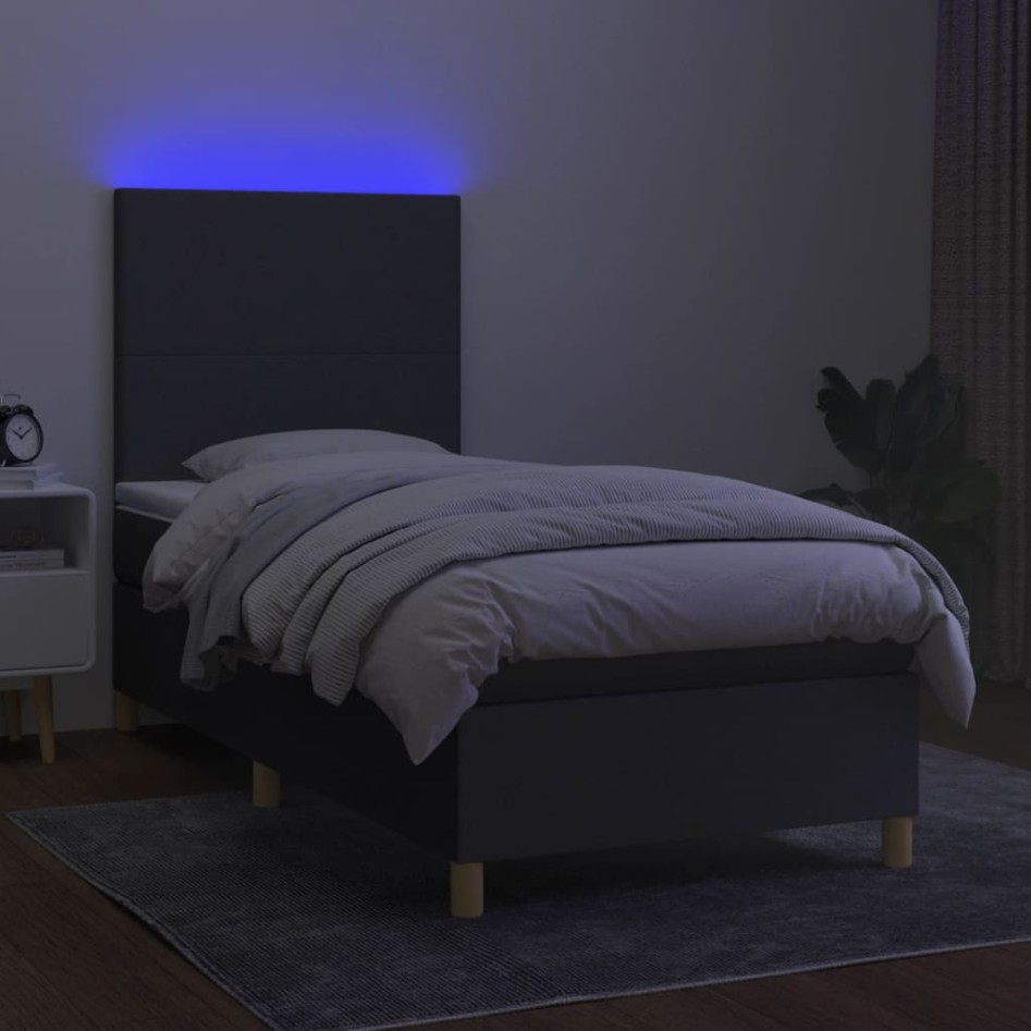 Cama box spring colchón y luces LED tela gris oscuro 100x200