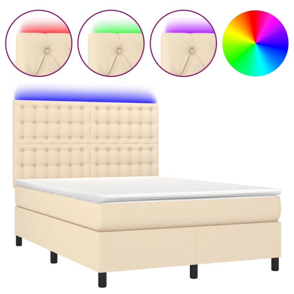 Cama box spring colchón y luces LED tela crema 140x200