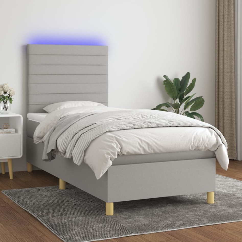 Cama box spring colchón y luces LED tela gris claro 80x200