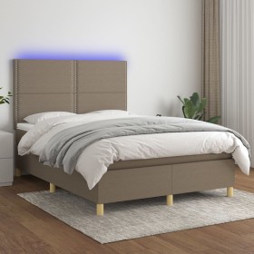 Cama box spring colchón y luces LED tela gris taupe 140x190
