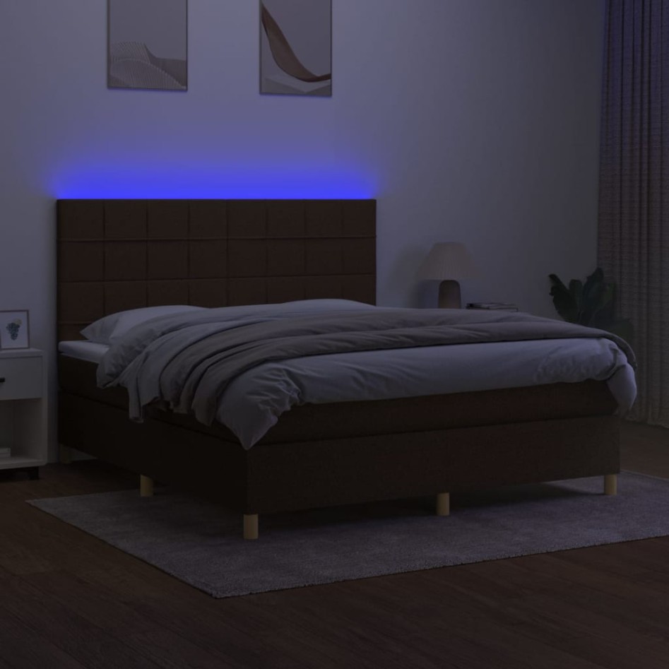 Cama box spring colchón luces LED tela marrón oscuro