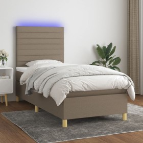 Cama box spring colchón y luces LED tela gris taupe 90x190