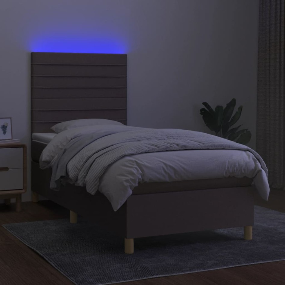 Cama box spring colchón y luces LED tela gris taupe 90x190