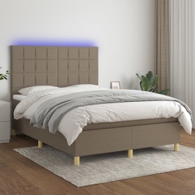 Cama box spring colchón y luces LED tela gris taupe 140x200
