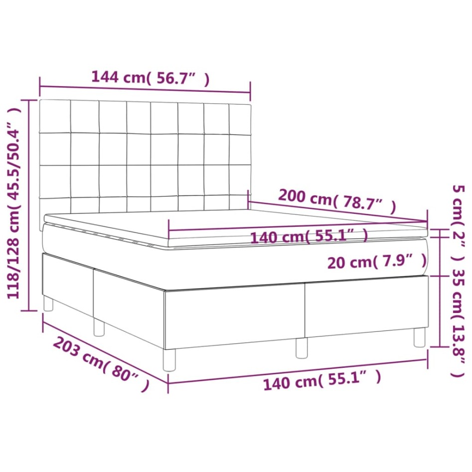Cama box spring colchón y luces LED tela gris taupe 140x200