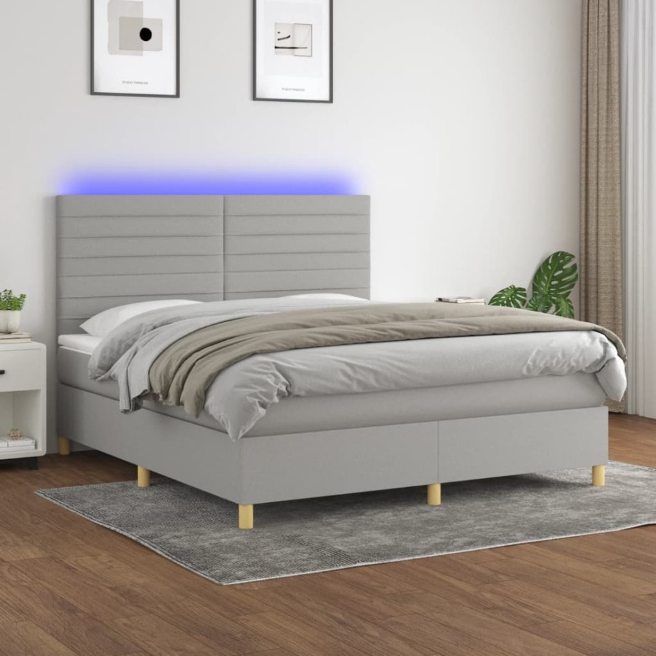 Cama box spring colchón y luces LED tela gris claro 160x200