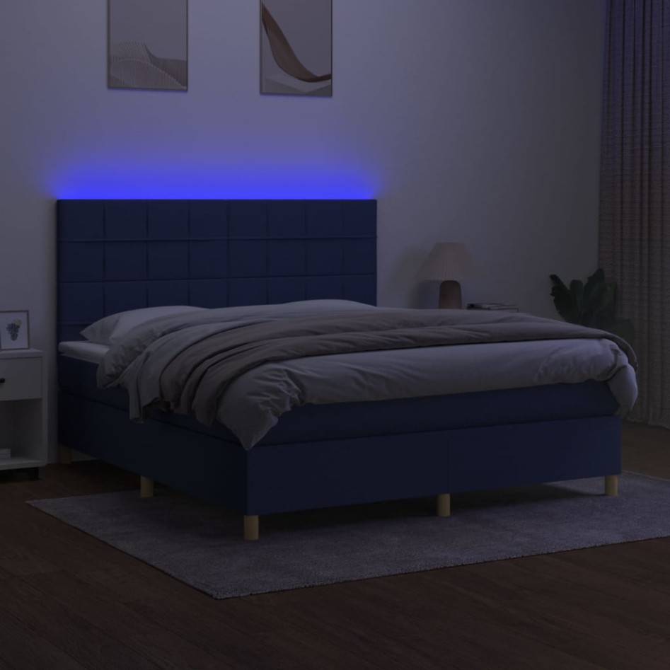 Cama box spring colchón y luces LED tela azul 160x200