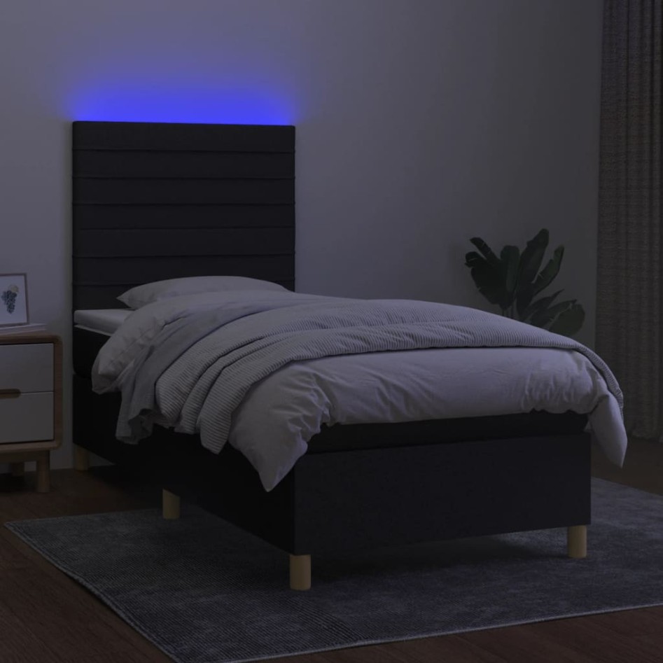 Cama box spring colchón y luces LED tela negro 100x200