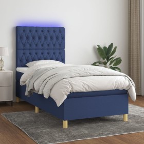 Cama box spring colchón y luces LED tela azul 80x200