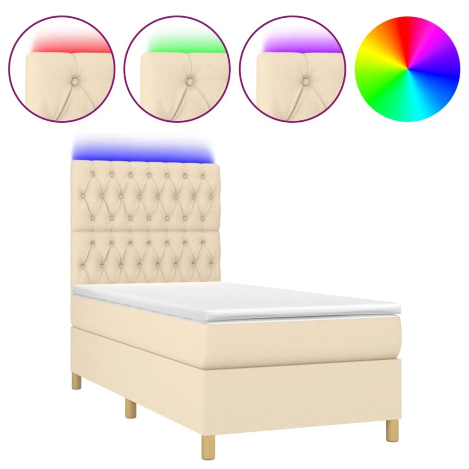 Cama box spring colchón y luces LED tela color crema 90x190