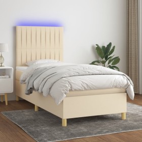 Cama box spring colchón y luces LED tela crema 100x200