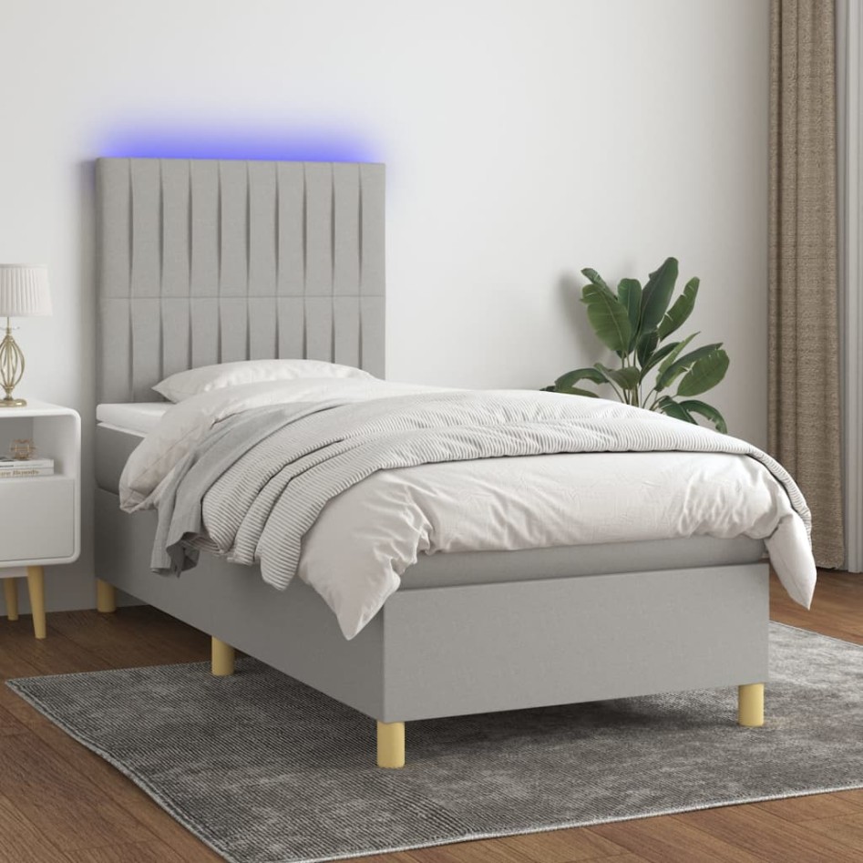 Cama box spring colchón y luces LED tela gris claro 90x200