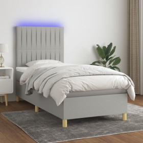 Cama box spring colchón y luces LED tela gris claro 100x200