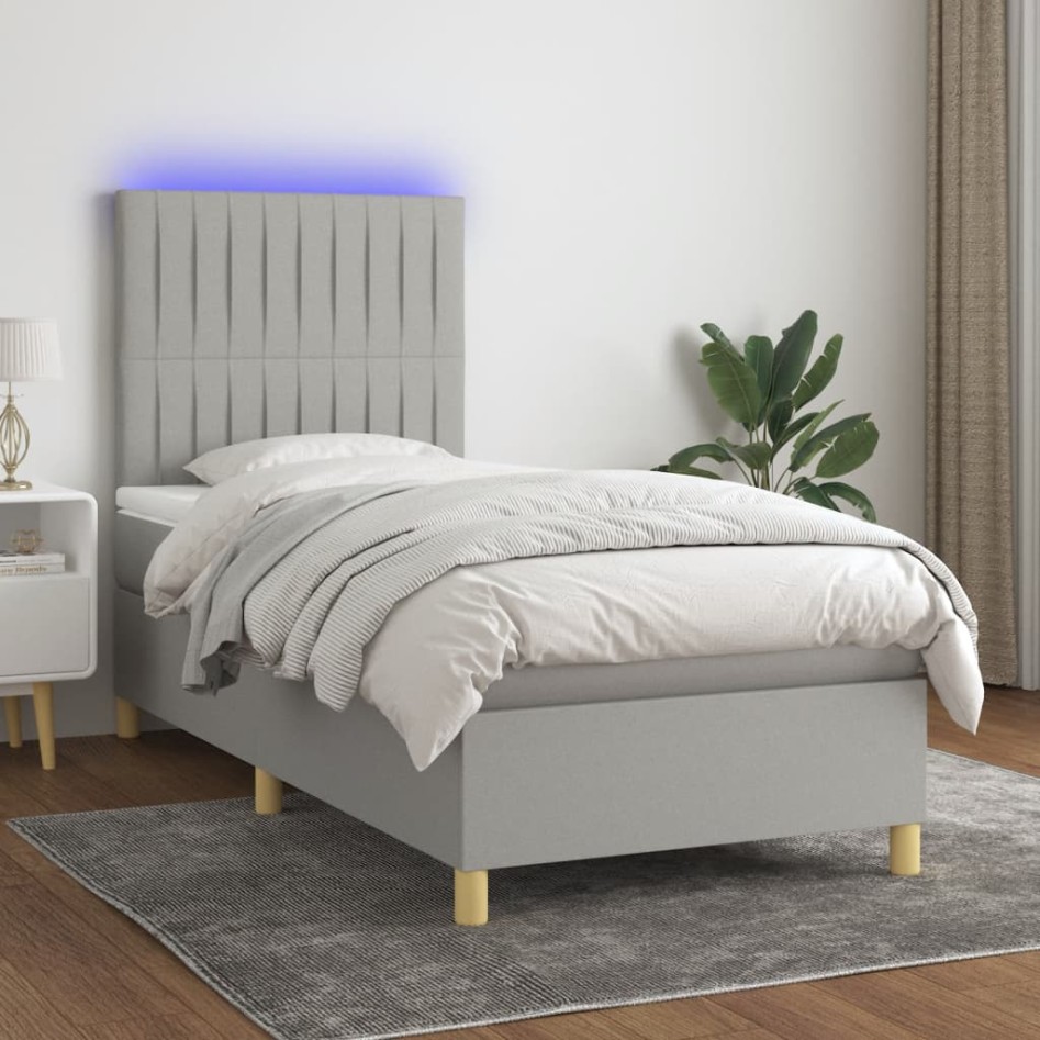 Cama box spring colchón y luces LED tela gris claro 100x200