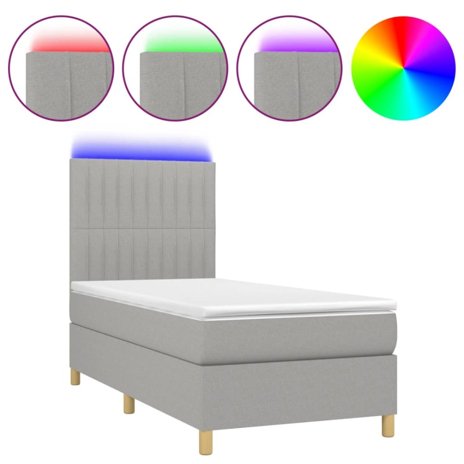 Cama box spring colchón y luces LED tela gris claro 100x200