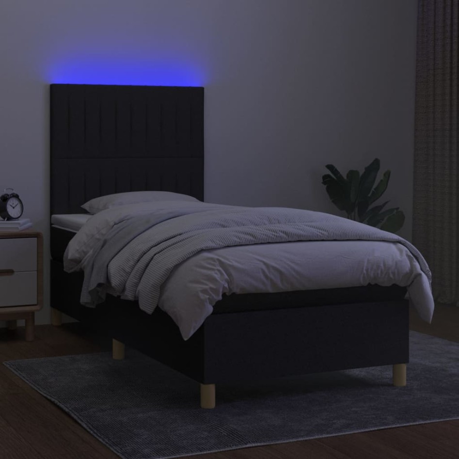 Cama box spring colchón y luces LED tela negro 90x200