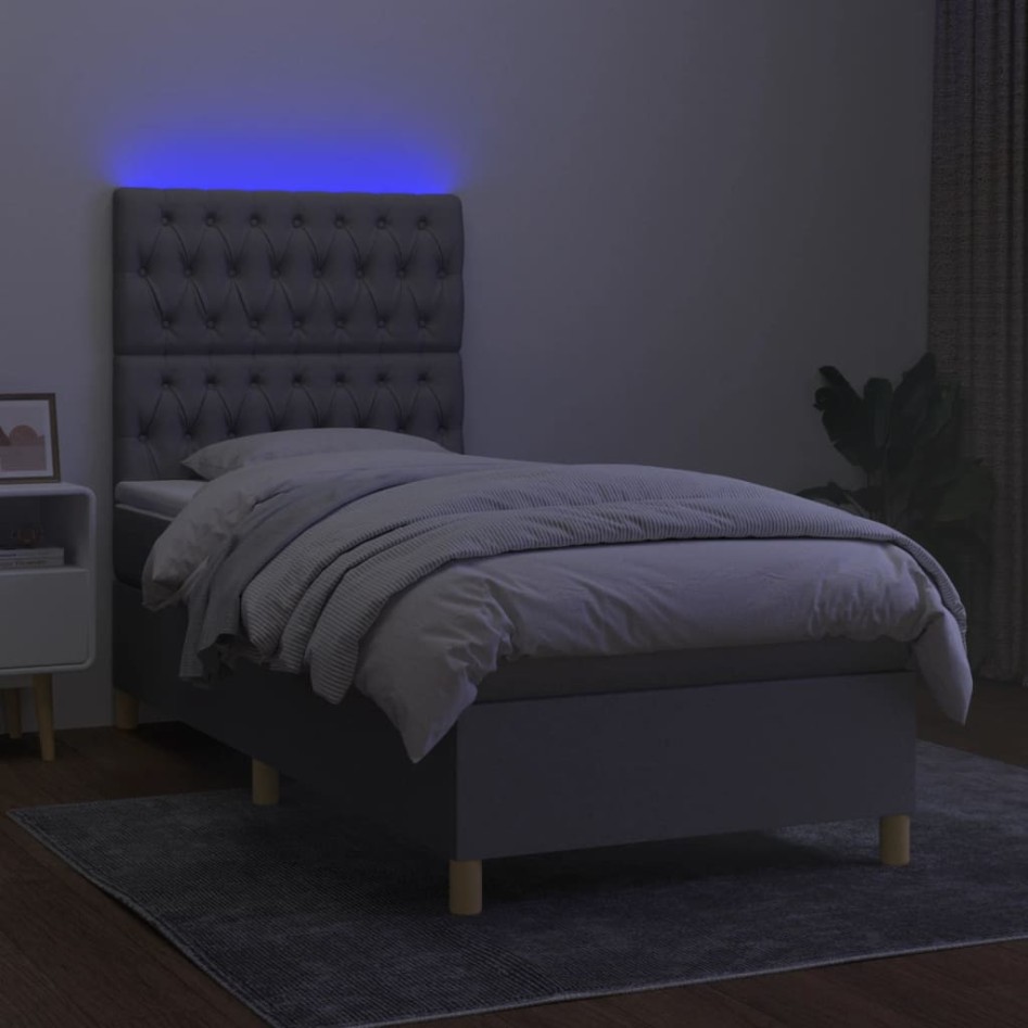 Cama box spring colchón y luces LED tela gris claro 90x190