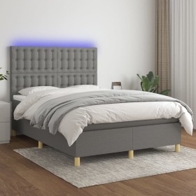 Cama box spring colchón y luces LED tela gris oscuro 140x200