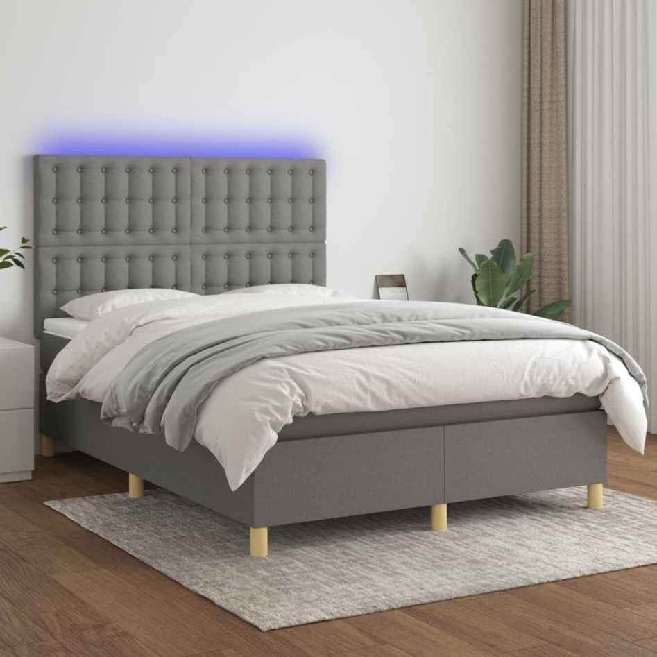 Cama box spring colchón y luces LED tela gris oscuro 140x200