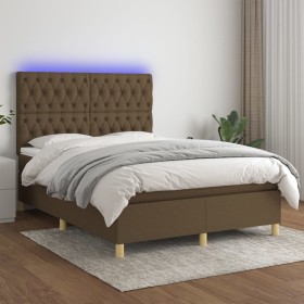 Cama box spring colchón luces LED tela marrón oscuro