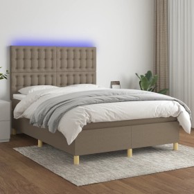 Cama box spring colchón y luces LED tela gris taupe 140x190