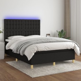 Cama box spring colchón y luces LED tela negro 140x190