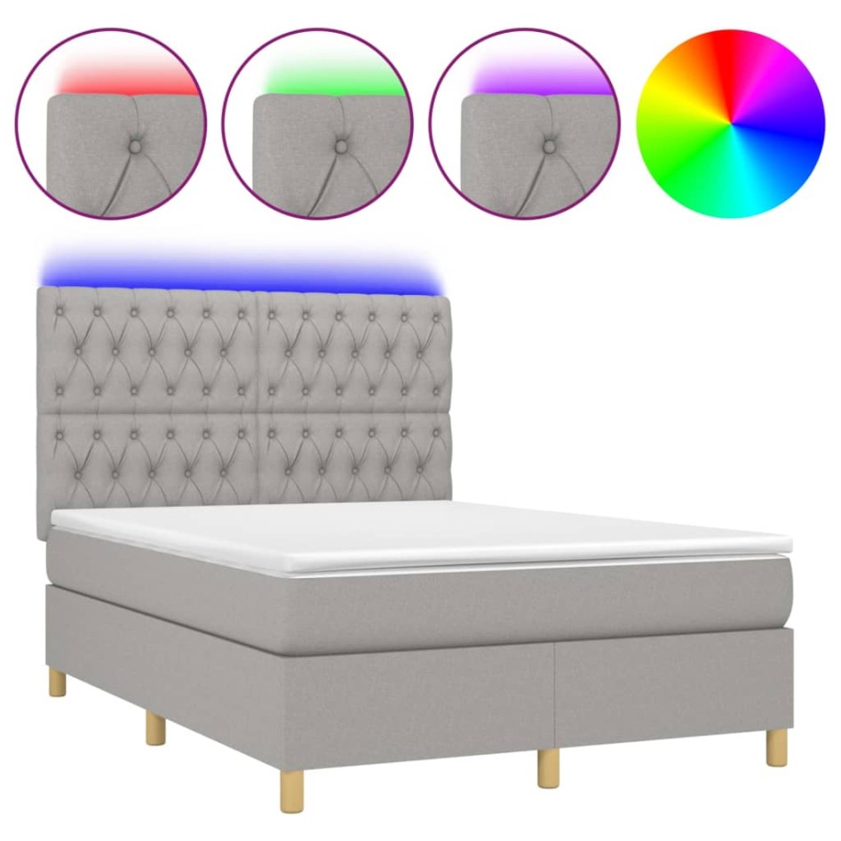 Cama box spring colchón y luces LED tela gris claro 140x200