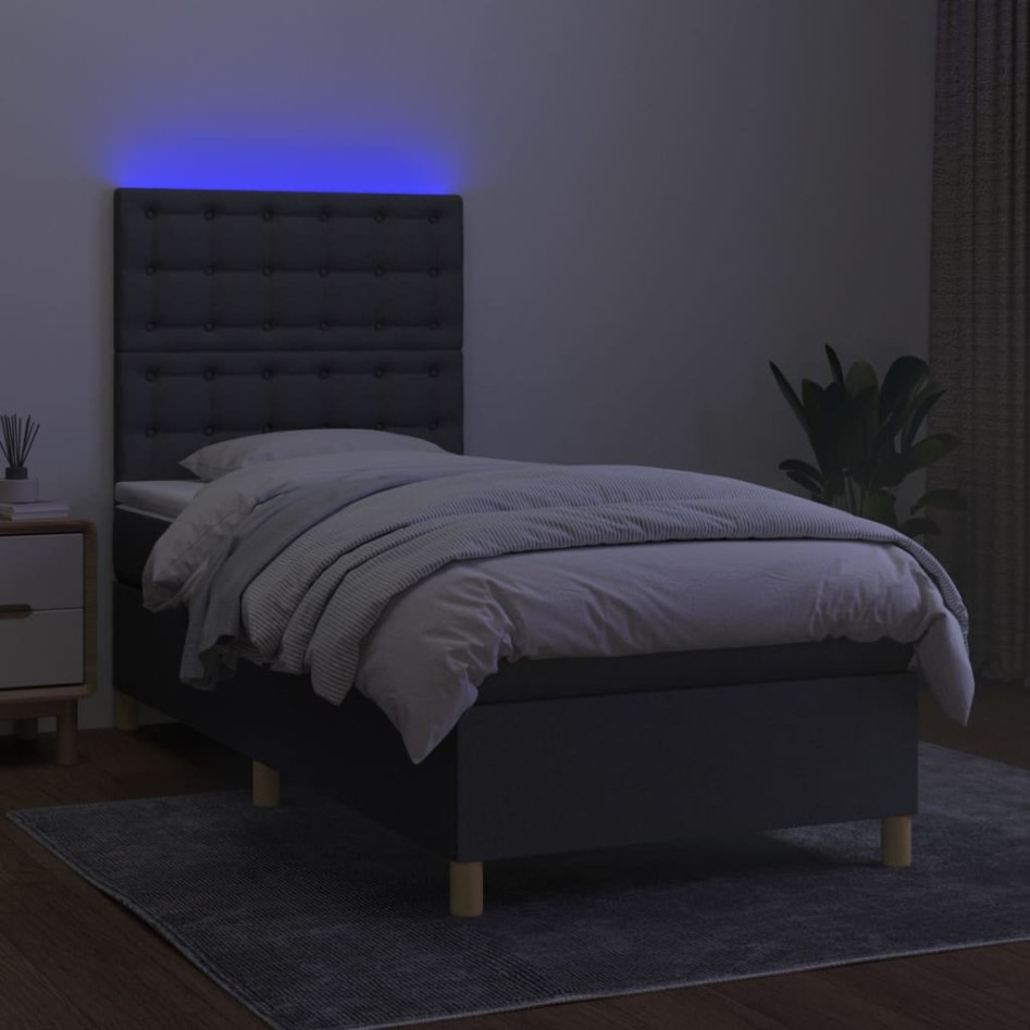 Cama box spring colchón y luces LED tela gris oscuro 90x190