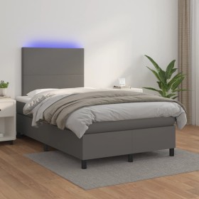 Cama box spring colchón y LED cuero sintético gris 120x200